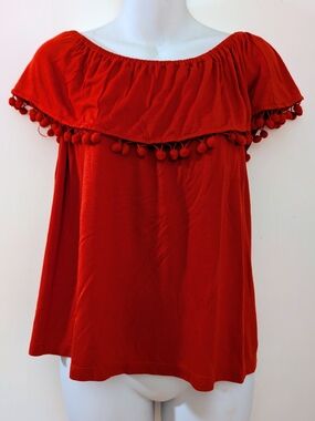Fever Red Off-Shoulder Pom Pom Trim Camisole - Small